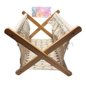 Boho Macrame Magazine Rack and Round Wall Mirror Set Cream Cotton Wood Frame
